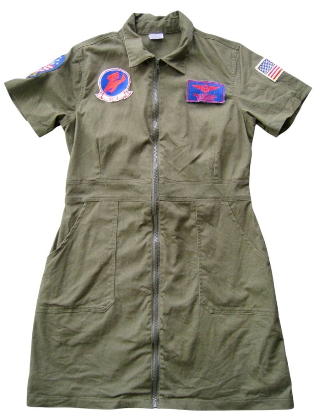 Top Gun Military Green Dress Costume Girls Size M Patriotic Patches HALLOWEEN